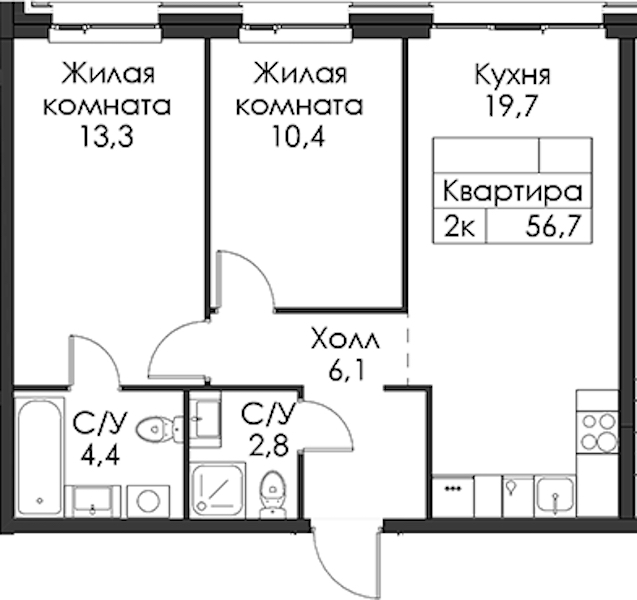 2-комнатная квартира 56.7 м², 4/12 эт., ЖК «Шкиперский 19»